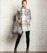 Upgrade your outerwear with BCX's posh plaid coat! Featuring a stylish buckle belt and a gorgeous funnel neckline, this coat checks all the boxes for blending fashion and function!