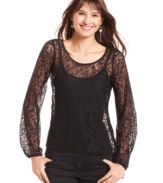 Elevated for day and just right for night, Planet Gold's long sleeve top features a crochet overlay for pretty-in-knit style.