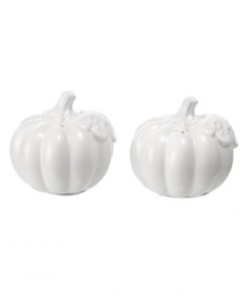Carve out a space on the harvest table for Pumpkin serveware. At once festive and elegant, Martha Stewart Collection's figural salt and pepper shakers are crafted of glazed white porcelain to complement any setting. Carve out a space on the harvest table for Pumpkin serveware. At once festive and elegant, Martha Stewart Collection's figural salt and pepper shakers are crafted of glazed white porcelain to complement any setting.