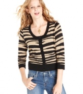 Bring on the cuteness in It's Our Time's three-quarter sleeve, tiger-stripe cardigan!