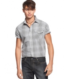 Check this out: this classic plaid shirt from Kenneth Cole Reaction is updated with a modern look for a must-have addition to your summer style.