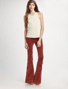 Crushed-velvet style with voluminous flare legs channels vintage glamour. Button front Zip fly Slash pockets Back patch pockets Inseam, about 34 98% cotton/2% elastane Dry clean Imported