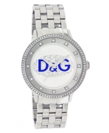 The bold and the beautiful. Watch by D&G crafted of stainless steel bracelet and round case. Bezel embellished with crystal accents. Silver tone dial features crystal accents at markers, minute track, three silver tone hands and large blue logo among cluster of crystal accents at center. Quartz movement. Water resistant to 30 meters. Two-year limited warranty.