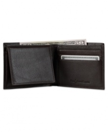 Soft and smooth in a burnished leather construction, this handsome wallet provides slim transport for the daily necessities. Soft and smooth in a burnished leather construction, this handsome wallet provides slim transport for the daily necessities.