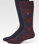 A distinguished set of solid and classic argyle patterned socks finished with embroidered signature polo detail.Pack of 2Mid-calf heightCotton/polyester/nylon/rubber/spandexMachine washImported