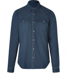 Casual and edgy with its indigo washed cotton and Western-inspired pockets, Burberry Brits button-down is a cool choice for all 4 seasons - Classic collar, long sleeves, snapped cuffs, snapped front, snapped flap chest pockets, shirttail hemline - Classic straight silhouette - Wear with tailored trousers and leather lace-ups Casual and edgy with its indigo washed cotton and Western-inspired pockets, Burberry Brits button-down is a cool choice for all 4 seasons - Classic collar, long sleeves, snapped cuffs, snapped front, snapped flap chest pockets, shirttail hemline - Classic straight silhouette - Wear with tailored trousers and leather lace-ups