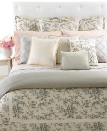 A detailed toile print of cherry blossoms and branches cascades over a sumptuous cream ground in the Saint Honore European sham. Streamlined piping and ribbon accents finish this traditional look with a touch of modern romance. A detailed toile print of cherry blossoms and branches cascades over a sumptuous cream ground in the Saint Honore European sham. Streamlined piping and ribbon accents finish this traditional look with a touch of modern romance.