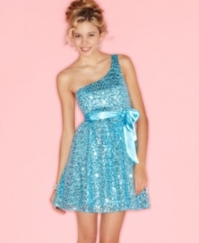 Dive into sequins with this aquamarine dress from City Triangles – a one-shoulder style built to dazzle! Dive into sequins with this aquamarine dress from City Triangles – a one-shoulder style built to dazzle!