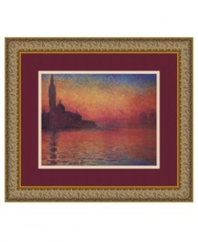 See Venice through the eyes of master Impressionist Claude Monet. A violent sunset casts a fiery glow on the ancient city's darkened shore and rippling bay. An antique-inspired frame adds a golden touch to this gorgeous scene. See Venice through the eyes of master Impressionist Claude Monet. A violent sunset casts a fiery glow on the ancient city's darkened shore and rippling bay. An antique-inspired frame adds a golden touch to this gorgeous scene.