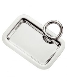 Smooth silver plate renders extra brilliant with the clean, fluid lines of Vertigo giftware. Ideal for keys, coins or jewelry, this small tray features a twisted ring for improved functionality and contemporary flair. Smooth silver plate renders extra brilliant with the clean, fluid lines of Vertigo giftware. Ideal for keys, coins or jewelry, this small tray features a twisted ring for improved functionality and contemporary flair.