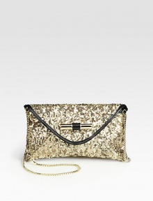 Truly sparkle in this sequin adorned design with glossy, patent leather trim.Detachable box chain shoulder strap, 23 dropMagnetic snap flap closureOne inside open pocketSatin lining9W X 5H X 1DMade in Italy