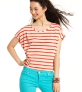 A swirling, ornate inset at the back adds artisanal flavor -- and an awesome surprise -- to this striped, short sleeve top from Pink Rose!