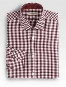 Tri-color gingham checks lend sartorial precision to a classic-fitting dress standard. ButtonfrontModified spread collarContrast detail on inside collarCottonMachine washImported