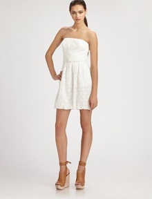 Woven cotton lace, in a strapless silhouette cinched with a self belt.StraplessSelf beltGathered skirtConcealed back zipAbout 19 from natural waist75% cotton/25% nylonDry cleanImported of domestic fabricModel shown is 5'11 (180cm) wearing US size 4. 