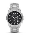 Armani Exchange's slim-faced stainless steel chronograph strikes a bold balance between contemporary and classic. Make like a power broker and wear this strong style with a suit.