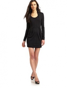 THE LOOKRound neckline with stand-up collar in backPleated details at neckline Long sleevesFlared skirt with pleats Back zip closureBack dartsTHE FITAbout 32 from shoulder to hemTHE MATERIAL69% viscose/27% polyamide/4% elastaneCARE & ORIGINMachine washImportedModel shown is 5'9 (175cm) wearing US size 4. THE LOOKRound neckline with stand-up collar in backPleated details at neckline Long sleevesFlared skirt with pleats Back zip closureBack dartsTHE FITAbout 32 from shoulder to hemTHE MATERIAL69% viscose/27% polyamide/4% elastaneCARE & ORIGINMachine washImportedModel shown is 5'9 (175cm) wearing US size 4.