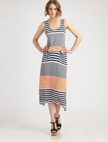 Contrasting stripes and an asymmetrical hemline characterize this utterly soft scoopneck style. ScoopneckSleevelessElasticized drop waistTwisted side detailAsymmetrical hemAbout 33 from natural waistRayonDry cleanImportedModel shown is 5'10 (177cm) wearing US size Small.