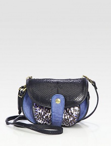 Mixed-media crossbody design crafted from lambskin, viper-embossed leather and python-embossed leather.Detachable shoulder strap, 23½ dropSnap flap closureOne outside snap flap pocket under flapMirror under flapThree inner compartmentsSix card slotsCotton lining6½W X 6H X 2½DImported
