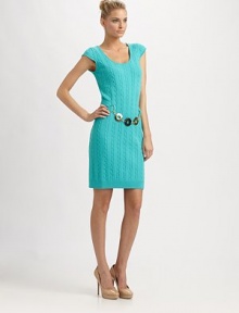EXCLUSIVELY AT SAKS. A cute, cable-knit sweater dress with goldtone detailing that adds an extra touch of shimmer.Scoop neckCap sleevesGoldtone detail at waistRibbed hemAbout 20 from natural waist72% viscose/28% polyesterDry cleanImported