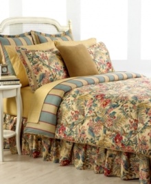 Blossoming with distinction, Lauren by Ralph Lauren's Tangier comforter set offers a refreshing take on traditional elegance. An ornate floral-and-vine print finished with jute trim brings to mind the look of a lush garden in bloom, while the striped comforter reverse accents the look with coordinating contrast. Blossoming with distinction, Lauren by Ralph Lauren's Tangier comforter set offers a refreshing take on traditional elegance. An ornate floral-and-vine print finished with jute trim brings to mind the look of a lush garden in bloom, while the striped comforter reverse accents the look with coordinating contrast.