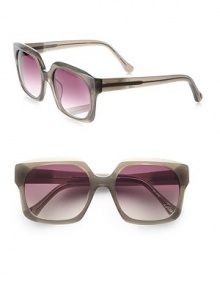Mod, beveled acetate frames with an engraved logo and silver metal tip on the left temple. Available in shiny winter tortoise with brown monotone lens and shiny milky grey with red gradient lens.UV 400 lens Imported