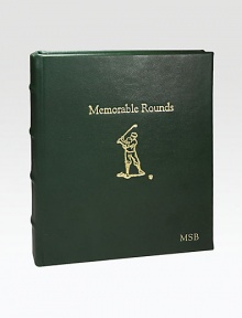 The ideal gift or keepsake for the amateur golfer, designed in fine leather with transparent, archival-quality pages to hold memorable scorecards, course photos and mementos from a day on the greens. 18 pages holds 36 scorecards Leather 5½W X 6¼H Made in USA FOR PERSONALIZATIONSelect a color and quantity, then scroll down and click on PERSONALIZE & ADD TO BAG to choose and preview your monogramming options. Please allow 1 week for delivery. The ideal gift or keepsake for the amateur golfer, designed in fine leather with transparent, archival-quality pages to hold memorable scorecards, course photos and mementos from a day on the greens. 18 pages holds 36 scorecards Leather 5½W X 6¼H Made in USA FOR PERSONALIZATIONSelect a color and quantity, then scroll down and click on PERSONALIZE & ADD TO BAG to choose and preview your monogramming options. Please allow 1 week for delivery.