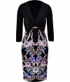 With a soft metallic shimmer and characteristic kaleidoscopic print, Roberto Cavallis printed jersey dress is both eye-catching and exquisite - V-neckline, 3/4 sleeves, blue enamel and white crystal embellished silver-toned brooch detail, pull-over style - Form-fitting - Wear with metallic pumps and a bright leather clutch