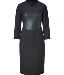 This elegant dress plays with texture - Designed in fine dark-grey herringbone-style wool blend, and a special touch of dark green synthetic material at mid-section - Features a small v-neck, long sleeves and pencil skirt style cut - Decorative buttons at back - Flattering, professional choice for the office with understand heels and a leather bag This elegant dress plays with texture - Designed in fine dark-grey herringbone-style wool blend, and a special touch of dark green synthetic material at mid-section - Features a small v-neck, long sleeves and pencil skirt style cut - Decorative buttons at back - Flattering, professional choice for the office with understand heels and a leather bag