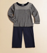 A cool, striped French tee sits atop matching pants for a handsome ensemble.CrewneckLong sleevesPullover styleElastic waistband38% modal/38% cotton/ 24% polyesterMachine washImported