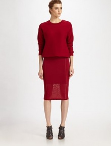 This slim-fitting fine-knit style is defined by intriguing open-weave seams and an alluring sheer panel at the hemline.Rib-knit waistbandVertical open-weave seamsSheer hemline panel75% rayon/25% elasticDry cleanImportedModel shown is 5'11 (180cm) wearing US size Small. 