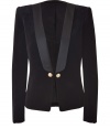 Classic with a modern twist, this luxe tuxedo jacket from Balmain adds stylish pizzazz to any look - Wide satiny lapels, single button closure with gold-tone buttons, long sleeves, fitted silhouette, button cuffs - Wear with leather leggings, a bustier, and platform heels