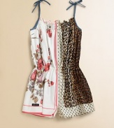 Bold leopard spots, pretty polka dots, feminine roses and durable denim all come together in a charming woven romper of cool cotton.Denim tie shoulder strapsSmocked ruffled necklineSleevelessElasticized pull-on waistDenim back patch pocketsCotton liningCottonMachine washImported
