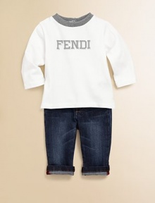 A smart pair for stylish tots, with Fendi logo details at the front and back pockets.Front buttonRear elasticized waistband with belt loopsFive-pocket styleTurned cuffs65% cotton/35% elastaneMachine washMade in Italy of imported fabric A smart pair for stylish tots, with Fendi logo details at the front and back pockets.Front buttonRear elasticized waistband with belt loopsFive-pocket styleTurned cuffs65% cotton/35% elastaneMachine washMade in Italy of imported fabric