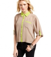 Nuclear neon accents pop against the neutral tone of this button-down high-low top from Ali & Kris!