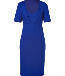 Add maximum style to your work-ready look with this electric blue sheath from Jil Sander - V-neck underlay, short sleeves, pleat detail at bust, high waist, pencil skirt, figure-hugging silhouette - Pair with a slim trench and classic pumps Add maximum style to your work-ready look with this electric blue sheath from Jil Sander - V-neck underlay, short sleeves, pleat detail at bust, high waist, pencil skirt, figure-hugging silhouette - Pair with a slim trench and classic pumps