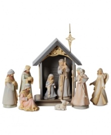 The true miracle of Christmas comes to life in this mini nativity set as Mary, Joseph and baby Jesus sit inside the manger surrounded by adorning onlookers. The true miracle of Christmas comes to life in this mini nativity set as Mary, Joseph and baby Jesus sit inside the manger surrounded by adorning onlookers.