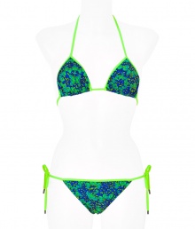Stylish bikini in fine, aqua synthetic fiber blend - Especially comfortable and flattering, thanks to a generous amount of stretch - Vibrant, lime-piped butterfly motif - Triangular halter top with adjustable cups ties at back and nape of neck - String brief ties at hips, offers modest coverage at rear - Sexy and fun, a must for you next vacation or beach getaway - Wear solo or layer beneath a caftan and pair with wedge sandals