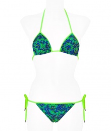 Stylish bikini in fine, aqua synthetic fiber blend - Especially comfortable and flattering, thanks to a generous amount of stretch - Vibrant, lime-piped butterfly motif - Triangular halter top with adjustable cups ties at back and nape of neck - String brief ties at hips, offers modest coverage at rear - Sexy and fun, a must for you next vacation or beach getaway - Wear solo or layer beneath a caftan and pair with wedge sandals Stylish bikini in fine, aqua synthetic fiber blend - Especially comfortable and flattering, thanks to a generous amount of stretch - Vibrant, lime-piped butterfly motif - Triangular halter top with adjustable cups ties at back and nape of neck - String brief ties at hips, offers modest coverage at rear - Sexy and fun, a must for you next vacation or beach getaway - Wear solo or layer beneath a caftan and pair with wedge sandals