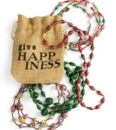 Happiness is in the bag with this double-stranded necklace, lovingly handcrafted in Rwanda. Colorful paper is cleverly re-purposed, rolled into all shapes and sizes then strung between tiny glass seed beads. Give to a friend or wear them all in one bold, meaningful statement. (Clearance)
