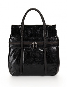 THE LOOKSquare shapeDouble top handles with tab detailsFold-over magnetic flap closureEmbossed leatherMetal hardware detailOne exterior zip pocket Two inside zip pocketsTwo inside open pocketsTHE FITTop handle, 5 drop15W X 15H X 2½DTHE MATERIALLeatherFully linedORIGINImported