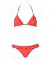 Look poolside pretty in this polka dot bikini from Juicy Couture - Classic triangle top with ruffle detail, dual back tie detail, classic bottoms with ruffle-detailed waist - Pair with a sheer caftan, wedge sandals, a floppy sunhat
