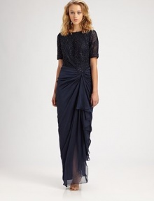 Shimmering beaded embroidery and an artful front drape lend glamour to this floor-length silhouette.BoatneckShort sleevesFront drapeBack ruchingConcealed back zipFully linedAbout 46 from natural waistNylon/rayon/silkDry cleanImportedModel shown is 5'10 (177cm) wearing US size 4. Shimmering beaded embroidery and an artful front drape lend glamour to this floor-length silhouette.BoatneckShort sleevesFront drapeBack ruchingConcealed back zipFully linedAbout 46 from natural waistNylon/rayon/silkDry cleanImportedModel shown is 5'10 (177cm) wearing US size 4.