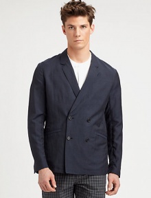 Refined design exudes modern sophistication, constructed in a luxurious blend of virgin wool and linen, finished in a polished, pinstriped pattern.Button frontDouble-breastedWaist flap pocketsRear vent52% virgin wool/48% linenDry cleanImported