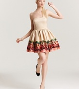 Imbued with a pretty floral print at the hem, this Aqua strapless frock is a super-sweet take on evening style.