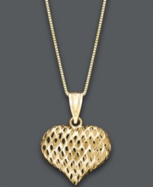 Give her your heart. This pretty heart-shaped pendant features a textured glitter design set in 14k gold. Approximate length: 18 inches. Approximate drop: 3/4 inch. Give her your heart. This pretty heart-shaped pendant features a textured glitter design set in 14k gold. Approximate length: 18 inches. Approximate drop: 3/4 inch.