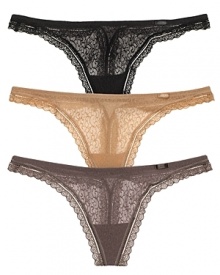 This stretchy mesh thong from Calvin Klein features a thin lace waistband and scalloped lace trim. Style #D3452. This stretchy mesh thong from Calvin Klein features a thin lace waistband and scalloped lace trim. Style #D3452.