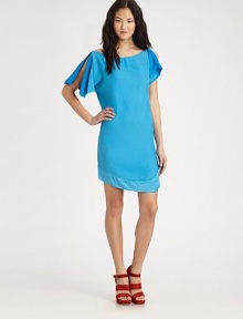 Sumptuous matte silk skims the body in this off-the-shoulder shift finished with flutter sleeves and a chic asymmetric hem.BoatneckSplit flutter sleevesFlat frontAsymmetric hemAbout 32 from shoulder to hemSilkDry cleanImportedModel shown is 5'10 (177cm) wearing US size Small.