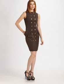 Military-inspired goldtone buttons and structural pleats dress up this chic, fitted sheath.Jewel necklineSleevelessDouble-breasted button frontSide slash pocketsPleated skirtAbout 26½ from natural waist82% acetate/14% nylon/4% elastaneDry cleanImportedModel shown is 5'11 (180cm) wearing US size 4. 