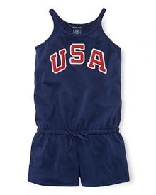A red, white and blue design with USA patching gives a preppy, all-American look to a pretty warm-weather romper in celebration of Team USA's participation in the 2012 Olympics.