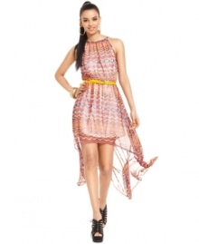 An asymmetrical hi-lo hem ups the edge on this printed chiffon Bar III maxi dress -- a hot pick for a stylish soiree look! An asymmetrical hi-lo hem ups the edge on this printed chiffon Bar III maxi dress -- a hot pick for a stylish soiree look!